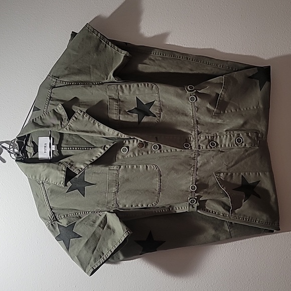 PISTOLA Olive Straight Leg Coveralls Jumpsuit Transitional Star Print Pant Suit - Picture 1 of 16